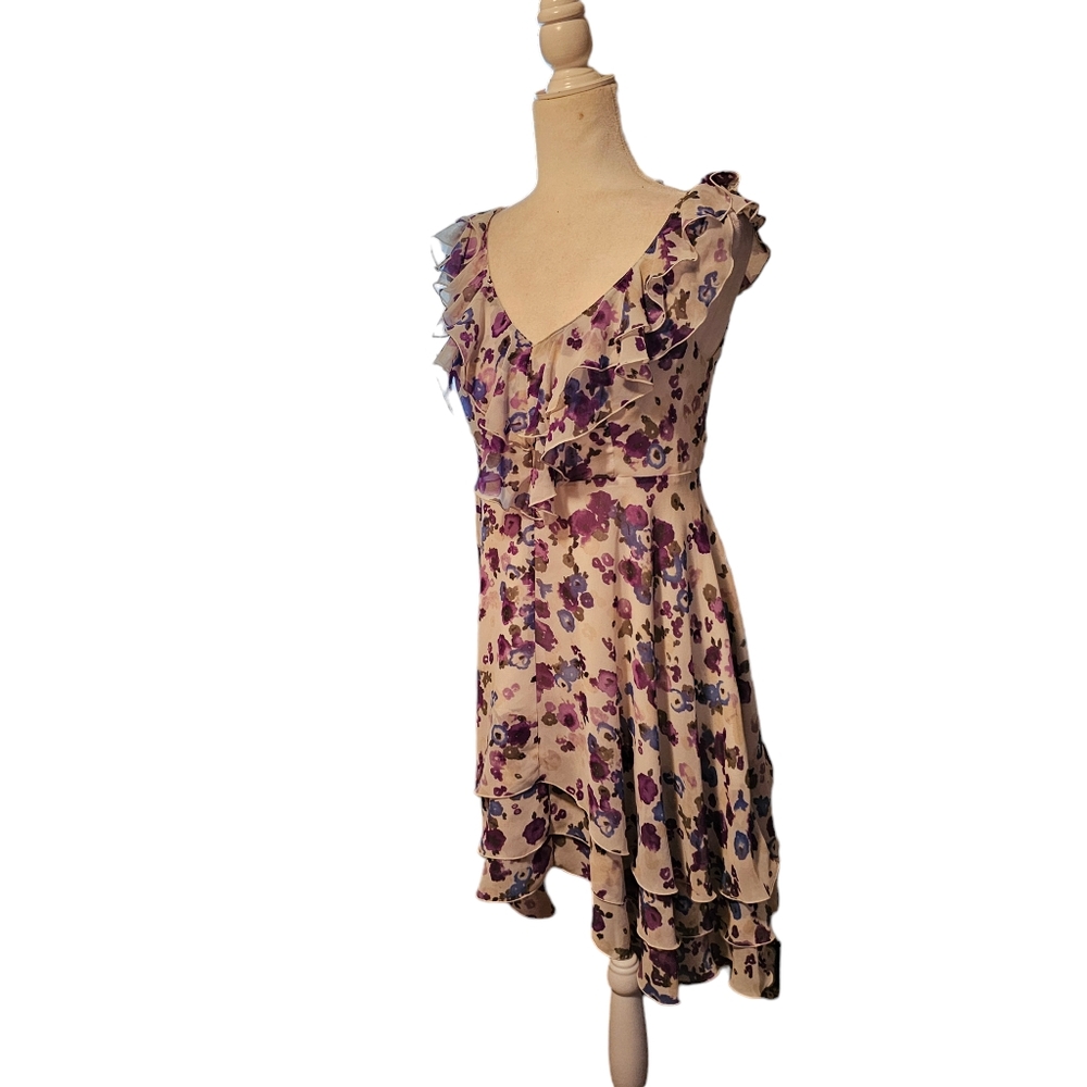 Lauren Conrad Ruffle Mini Dress Romantic Floral Water Color Print Womens Size 6 - Picture 7 of 16